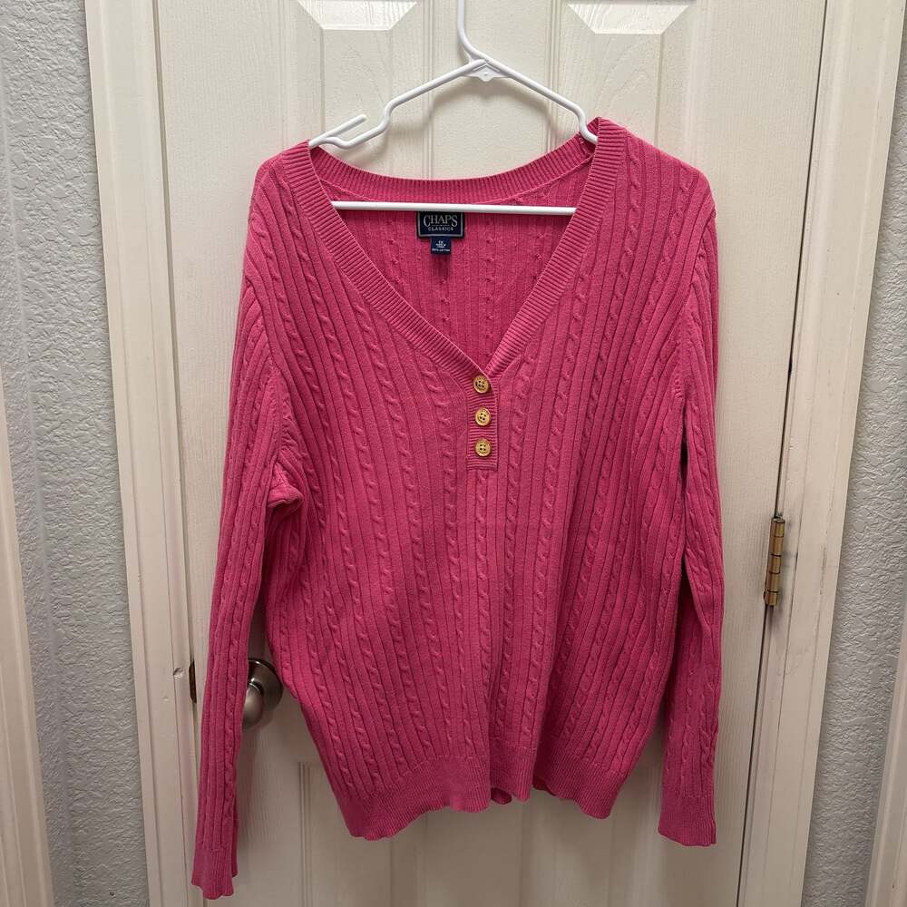 Chaps‎ Classics Pink Cable Knit V-Neck Sweater Women's Size 1X 100% Cotton